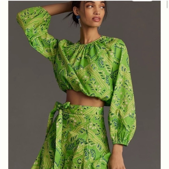 RHODE Dresses & Skirts - NWT RHODE Azure Top & Willow Skirt in Lime Diamond Stitch Puff Sleeve Paisley